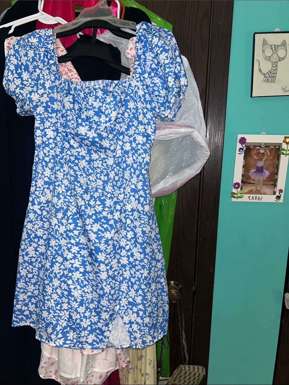 Francesca's Collections Blue & White Floral Puff-Sleeve Casual Dress